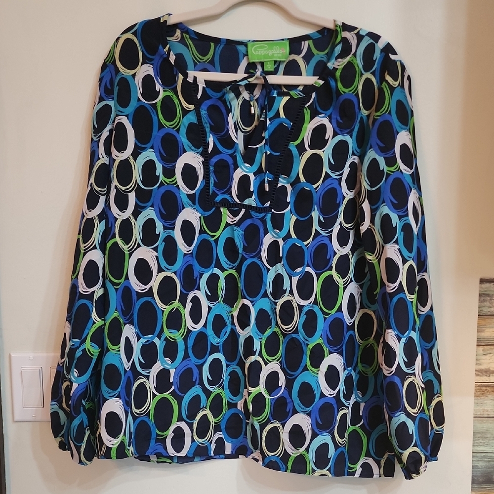 Pappagallo Blue and Green Puff Sleeve Blouse